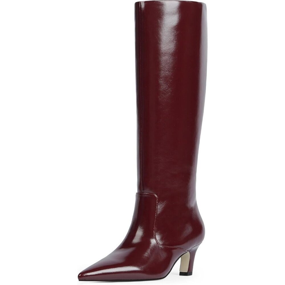 Women's Burgundy Pu Pointed Toe Kitten Low Heel Faux Leather Fall Long Boots